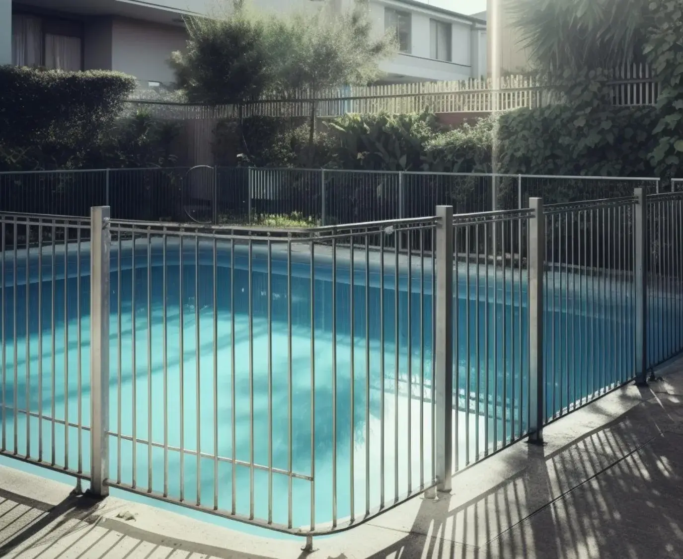 A backyard pool with an aluminium fence surrounding it