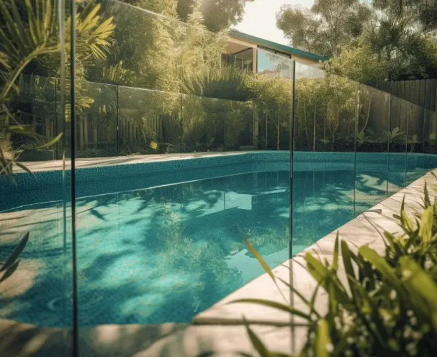 A long backyard pool with glass fence in Hobart.